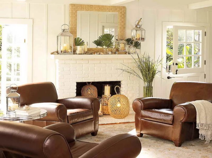 Decor brown inexpensive ideas decorating furniture living leather room sofa decoration white sofas interior rooms design fireplace chic chair choose