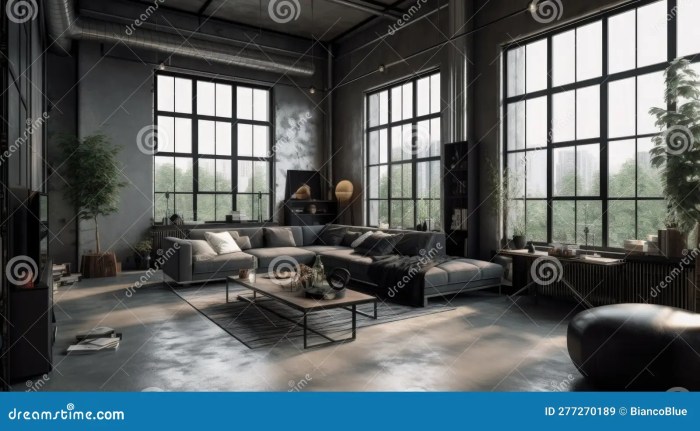 Industrial bedroom with large windows