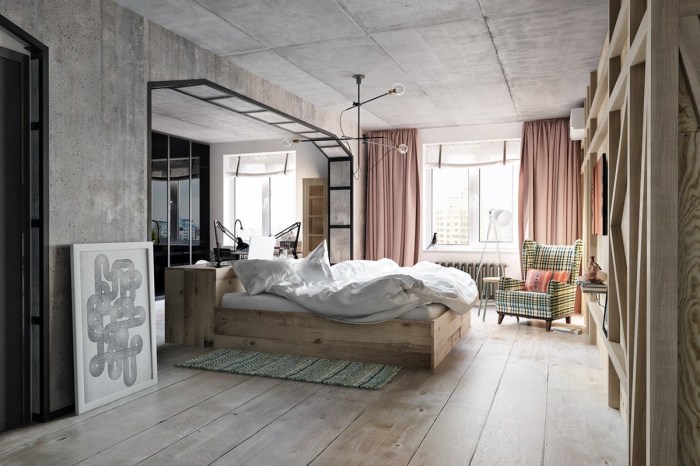 Industrial bedroom with large windows